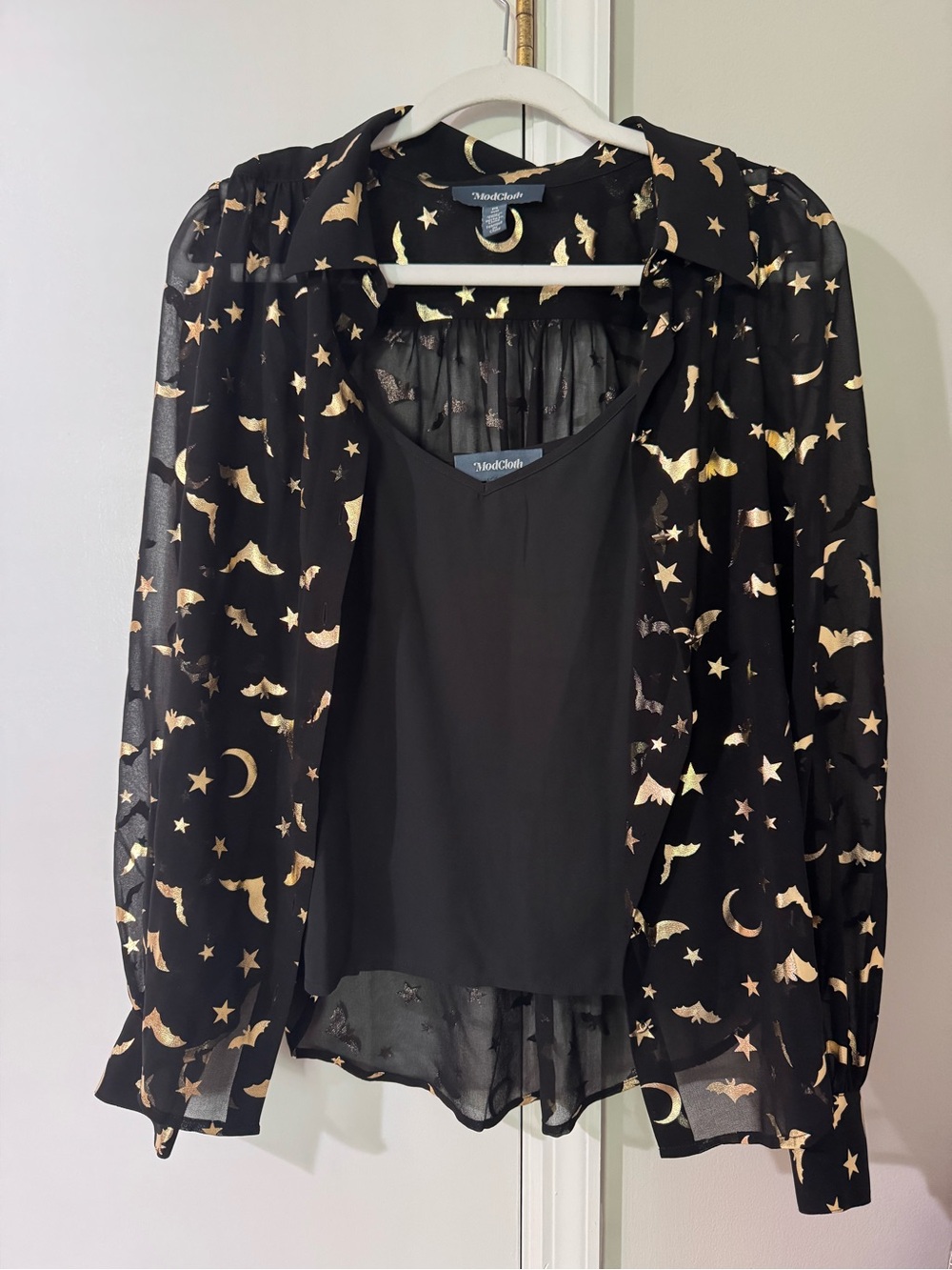 ModCloth sheer black and gold button up